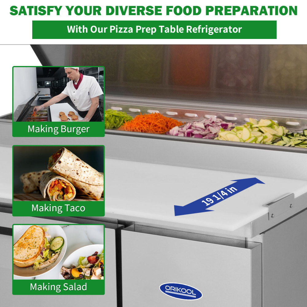 Orikool 44 IN Commercial Pizza Prep Table with a Built-in Refrigerator 11 Cu.Ft, Butcher Block Cutting Board, Protection Lid, Cold Storage, and Smooth-Rolling Casters, ETL Certified