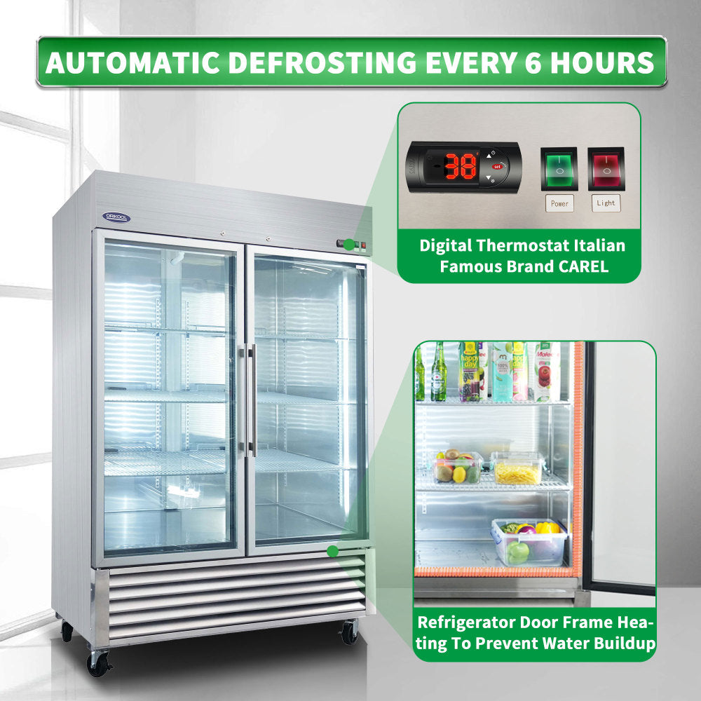 ORIKOOL 54" Commercial Display Refrigerator Swing Glass Door 49 Cu.ft Stainless Steel Reach-in Merchandiser Refrigerators with LED Lighting