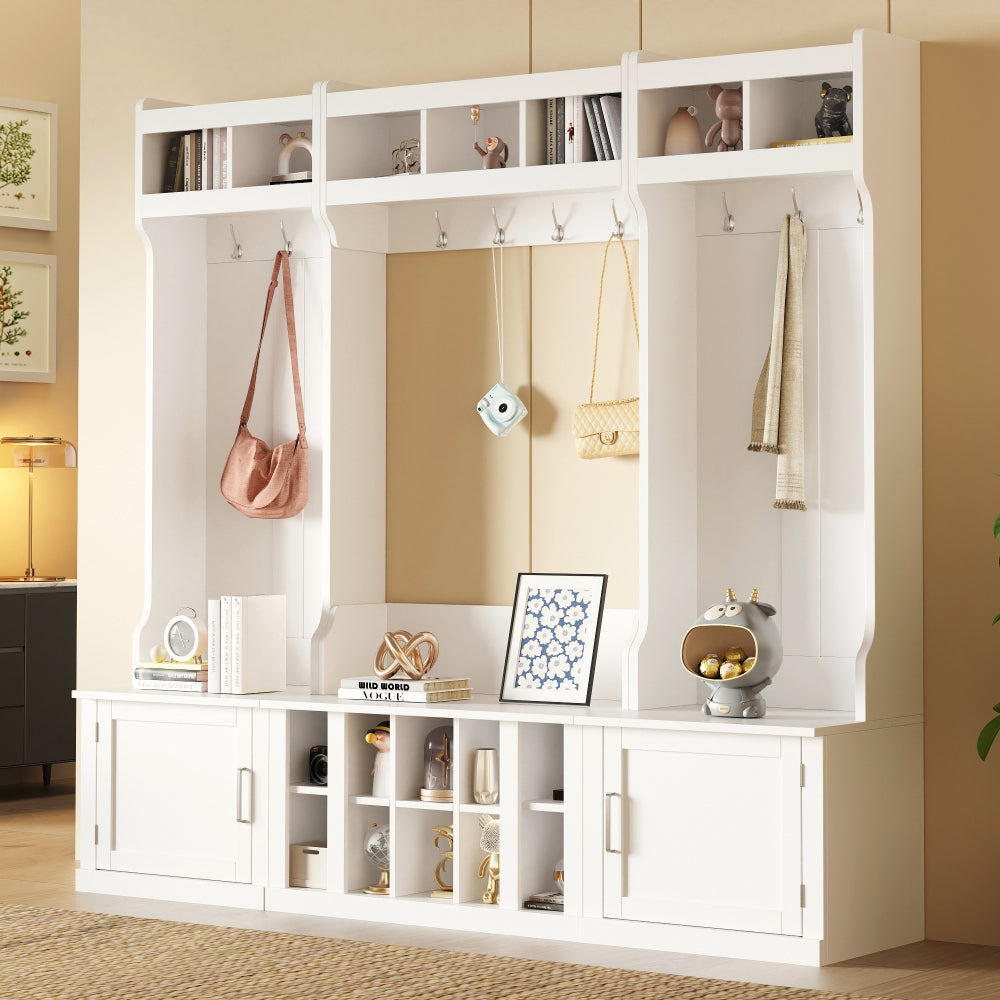 ON-TREND Minimalist Slim Hall Tree with Cabinet & 6 Hanging Hooks, Multi-functional Storage Bench with Coat Rack, Elegant Foyer Cabinet for Hallway, Living room, Black (OLD SKU: WF313577AAB)