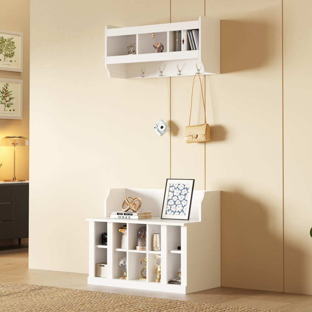 ON-TREND Minimalist Slim Hall Tree with Cabinet & 6 Hanging Hooks, Multi-functional Storage Bench with Coat Rack, Elegant Foyer Cabinet for Hallway, Living room, Black (OLD SKU: WF313577AAB)