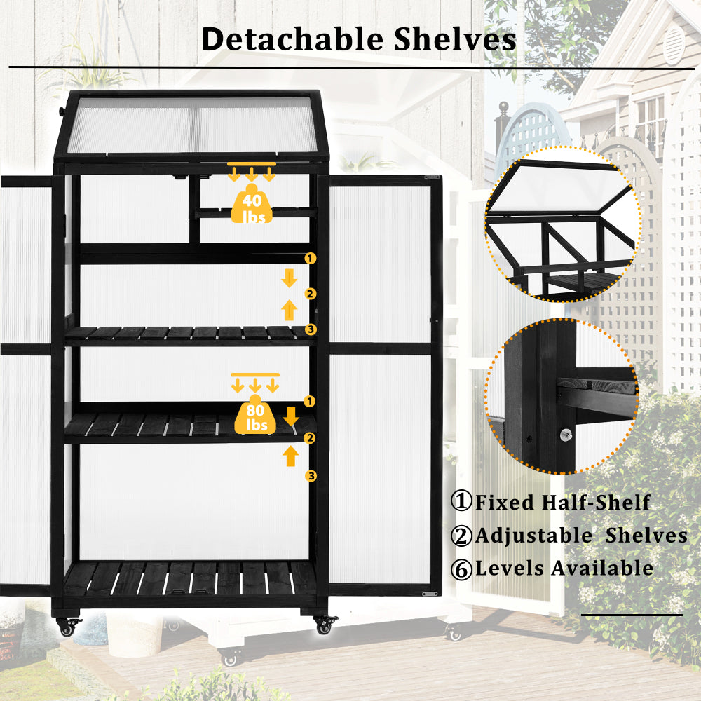 TOPMAX 62inch Height Wood Large Greenhouse Balcony Portable Cold Frame with Wheels and Adjustable Shelves for Outdoor Indoor Use, Black