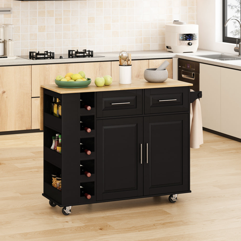 Multi-Functional Kitchen Island Cart with 2 Door Cabinet and Two Drawers,Spice Rack, Towel Holder, Wine Rack, and Foldable Rubberwood Table Top (White)