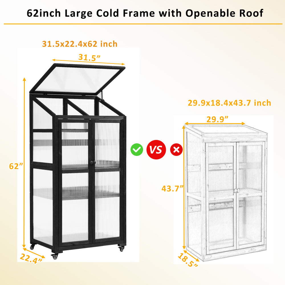 TOPMAX 62inch Height Wood Large Greenhouse Balcony Portable Cold Frame with Wheels and Adjustable Shelves for Outdoor Indoor Use, Black