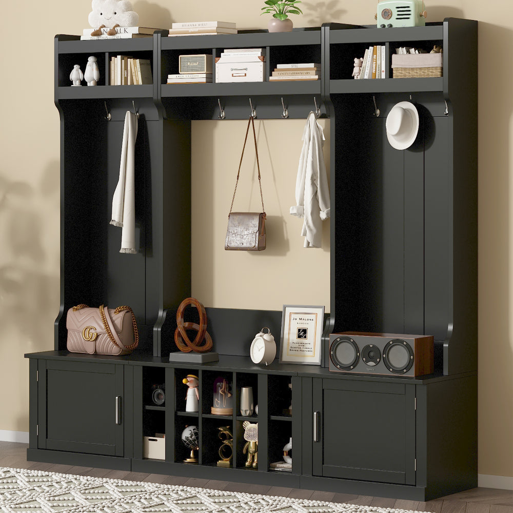 ON-TREND Minimalist Slim Hall Tree with Cabinet & 6 Hanging Hooks, Multi-functional Storage Bench with Coat Rack, Elegant Foyer Cabinet for Hallway, Living room, Black (OLD SKU: WF313577AAB)