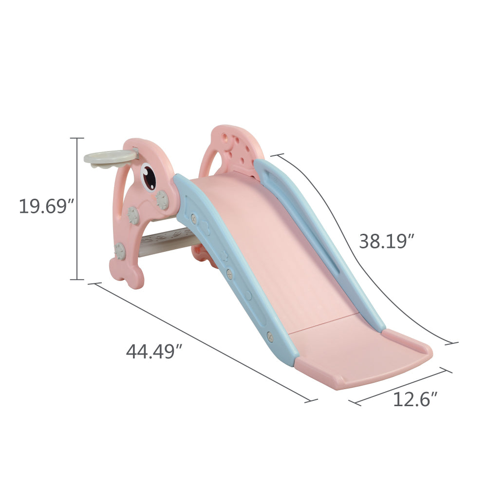 2 in 1 Slide, Toddler Freestanding Extra Long Slide with Basketball Hoop & Ball, Indoor Outdoor, Pink