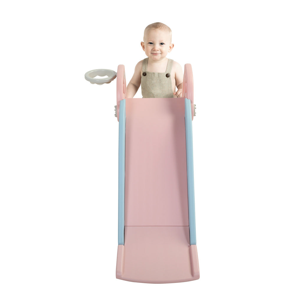 2 in 1 Slide, Toddler Freestanding Extra Long Slide with Basketball Hoop & Ball, Indoor Outdoor, Pink