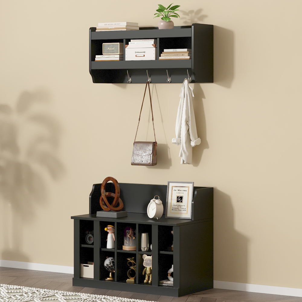 ON-TREND Minimalist Slim Hall Tree with Cabinet & 6 Hanging Hooks, Multi-functional Storage Bench with Coat Rack, Elegant Foyer Cabinet for Hallway, Living room, Black (OLD SKU: WF313577AAB)
