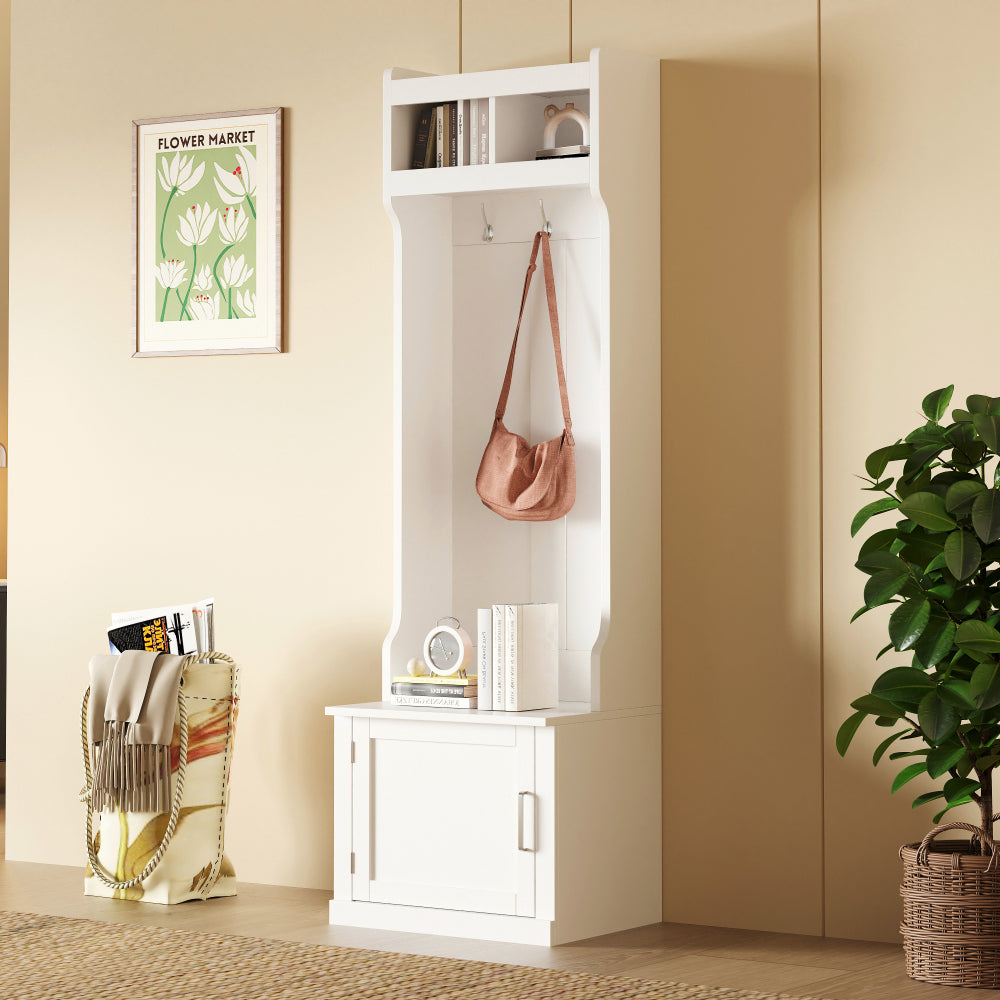 ON-TREND Minimalist Slim Hall Tree with Cabinet & 6 Hanging Hooks, Multi-functional Storage Bench with Coat Rack, Elegant Foyer Cabinet for Hallway, Living room, Black (OLD SKU: WF313577AAB)