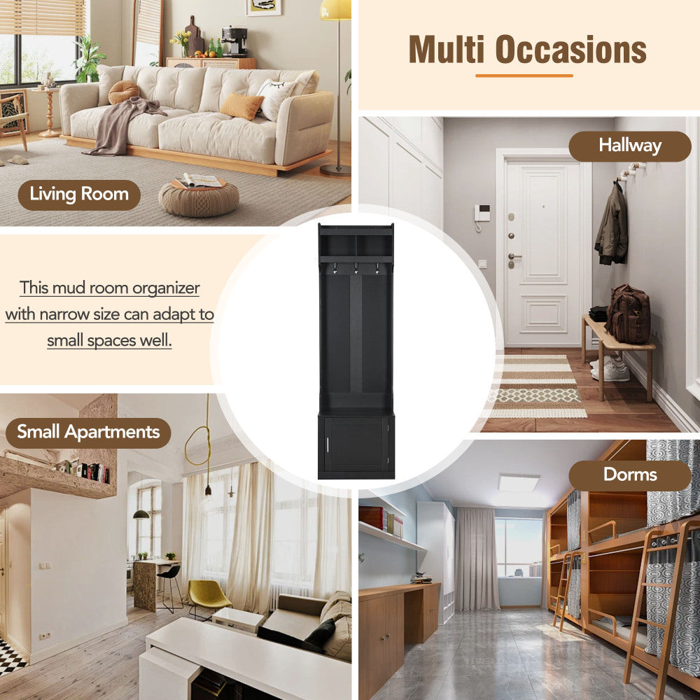 ON-TREND Minimalist Slim Hall Tree with Cabinet & 6 Hanging Hooks, Multi-functional Storage Bench with Coat Rack, Elegant Foyer Cabinet for Hallway, Living room, Black (OLD SKU: WF313577AAB)