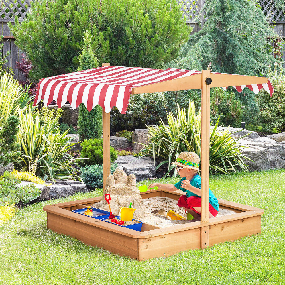 Kids Wooden Sandbox, Children Sand Play Station Outdoor, with Adjustable Height Cover, Bottom Liner, Seat, Plastic Basins, Boys and Girls, for Backyard, Beach, Lawn