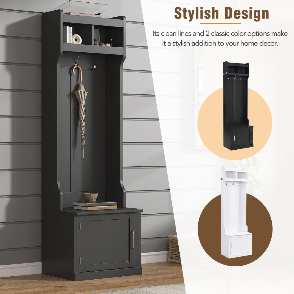 ON-TREND Minimalist Slim Hall Tree with Cabinet & 6 Hanging Hooks, Multi-functional Storage Bench with Coat Rack, Elegant Foyer Cabinet for Hallway, Living room, Black (OLD SKU: WF313577AAB)
