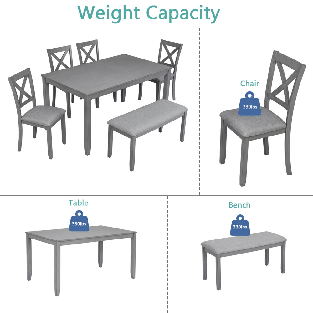 6 Piece Kitchen Dining Set, Rectangular Wooden Dining Table with 4 Upholstered Chairs and a Bench, Dining Table Set for 6 People, Living Room, Home Bar and Kitchen, Gray