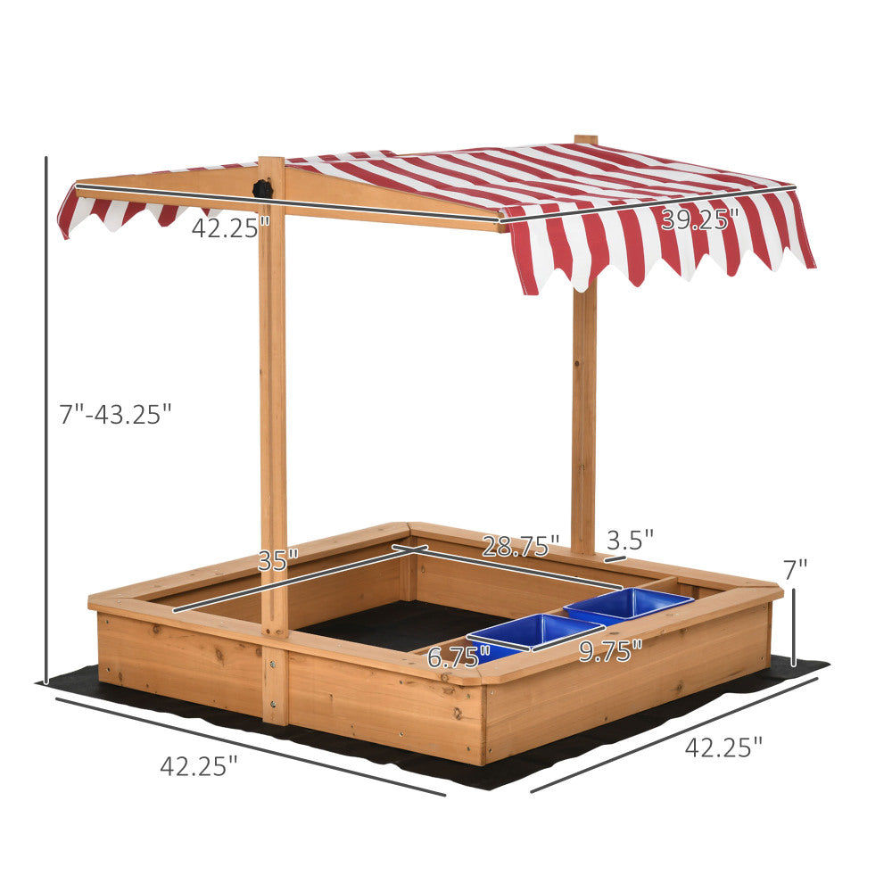 Kids Wooden Sandbox, Children Sand Play Station Outdoor, with Adjustable Height Cover, Bottom Liner, Seat, Plastic Basins, Boys and Girls, for Backyard, Beach, Lawn