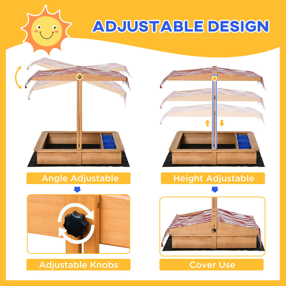 Kids Wooden Sandbox, Children Sand Play Station Outdoor, with Adjustable Height Cover, Bottom Liner, Seat, Plastic Basins, Boys and Girls, for Backyard, Beach, Lawn