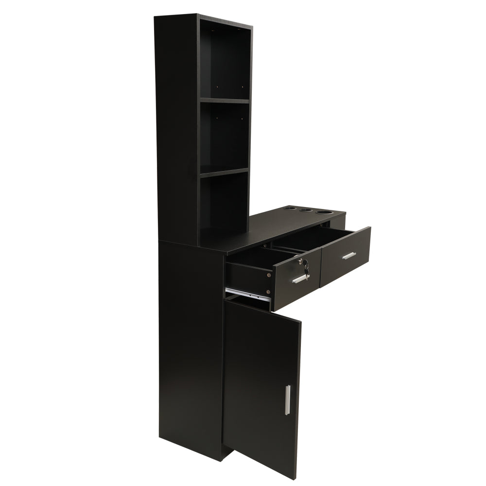Wall Mount Hair Styling Barber Station Beauty Hair Salon Spa Equipment Set W/ 3-Tier Shelf, Lockable Drawer, Black