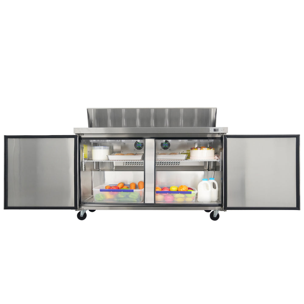 Orikool 60 IN Commercial Refrigerators Sandwich&Salad Prep Table with a Butcher Block Cutting Board, Protection Lid, Cold Storage, ETL Certified
