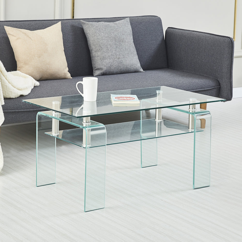 Tempered Black Glass Coffee Table, 2-Layers Tea Table