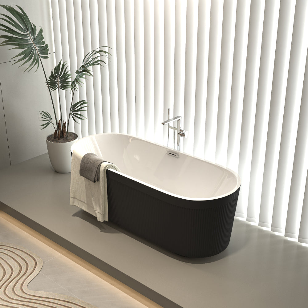 67" Acrylic Freestanding Bathtub, Unique Pleated Design, Glossy Black, Brushed Nickel Overflow and Pop-Up Drain, , cUPC Certified