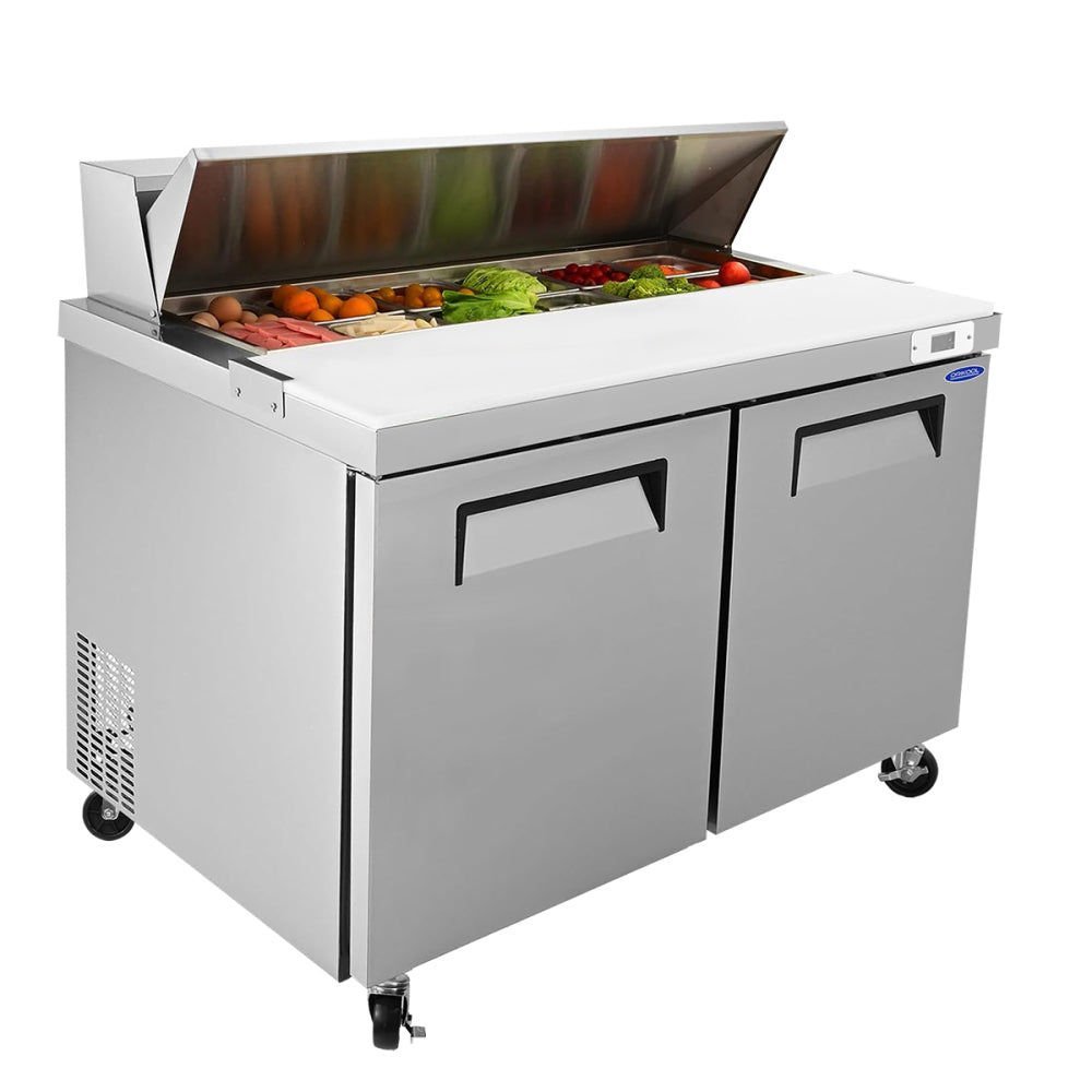 Orikool 60 IN Commercial Refrigerators Sandwich&Salad Prep Table with a Butcher Block Cutting Board, Protection Lid, Cold Storage, ETL Certified