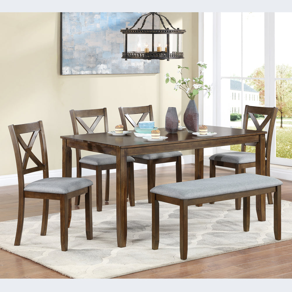 6 Piece Kitchen Dining Set, Rectangular Wooden Dining Table with 4 Upholstered Chairs and a Bench, Dining Table Set for 6 People, Living Room, Home Bar and Kitchen, Gray