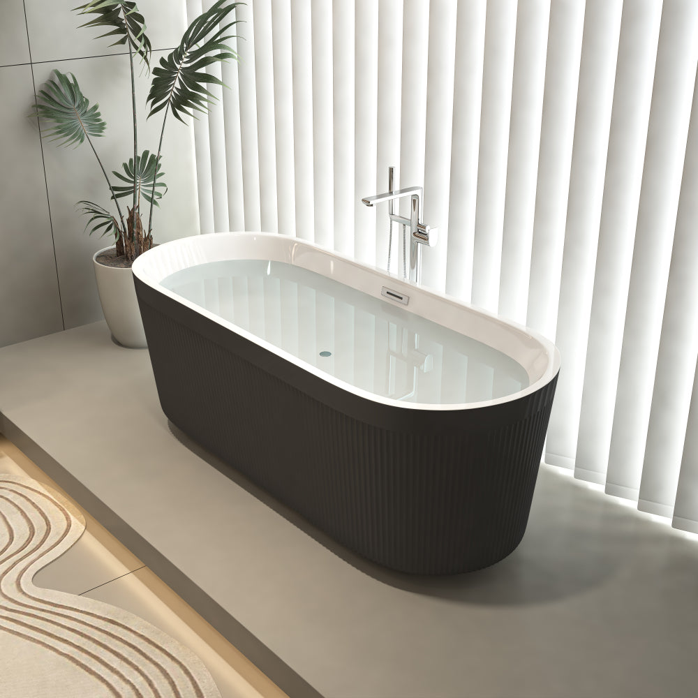 67" Acrylic Freestanding Bathtub, Unique Pleated Design, Glossy Black, Brushed Nickel Overflow and Pop-Up Drain, , cUPC Certified