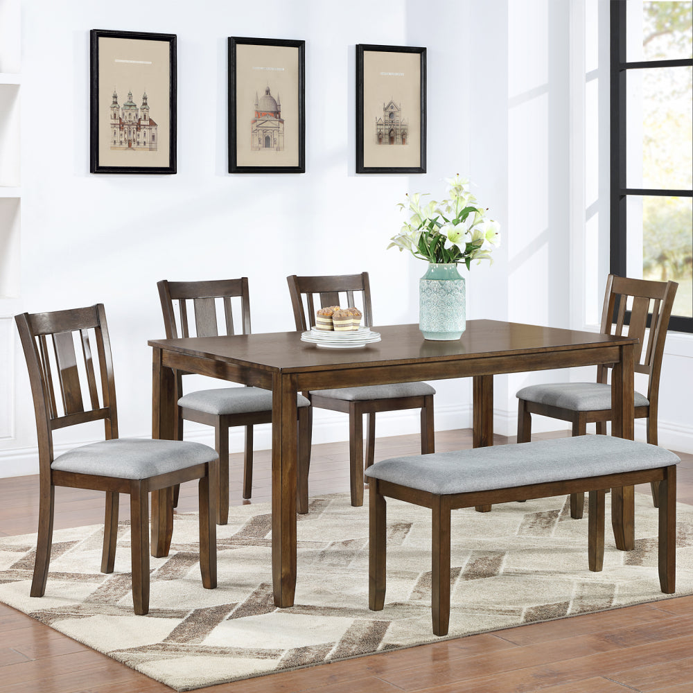 6 Piece Kitchen Dining Set, Rectangular Wooden Dining Table with 4 Upholstered Chairs and a Bench, Dining Table Set for 6 People, Living Room, Home Bar and Kitchen, Gray