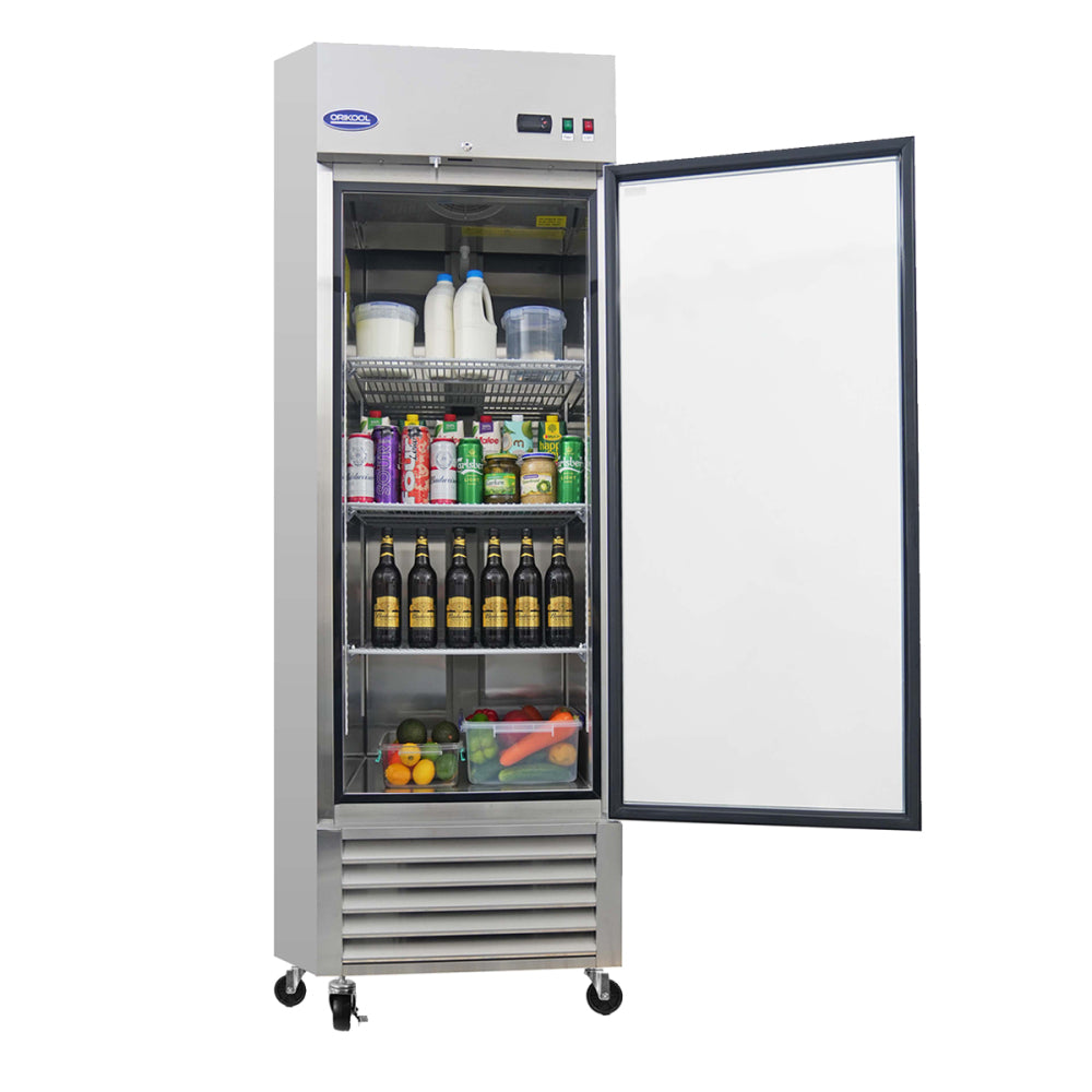ORIKOOL 27" Commercial Display Refrigerator Swing Glass Door 23 Cu.ft Stainless Steel Reach-in Merchandiser Refrigerators with LED Lighting