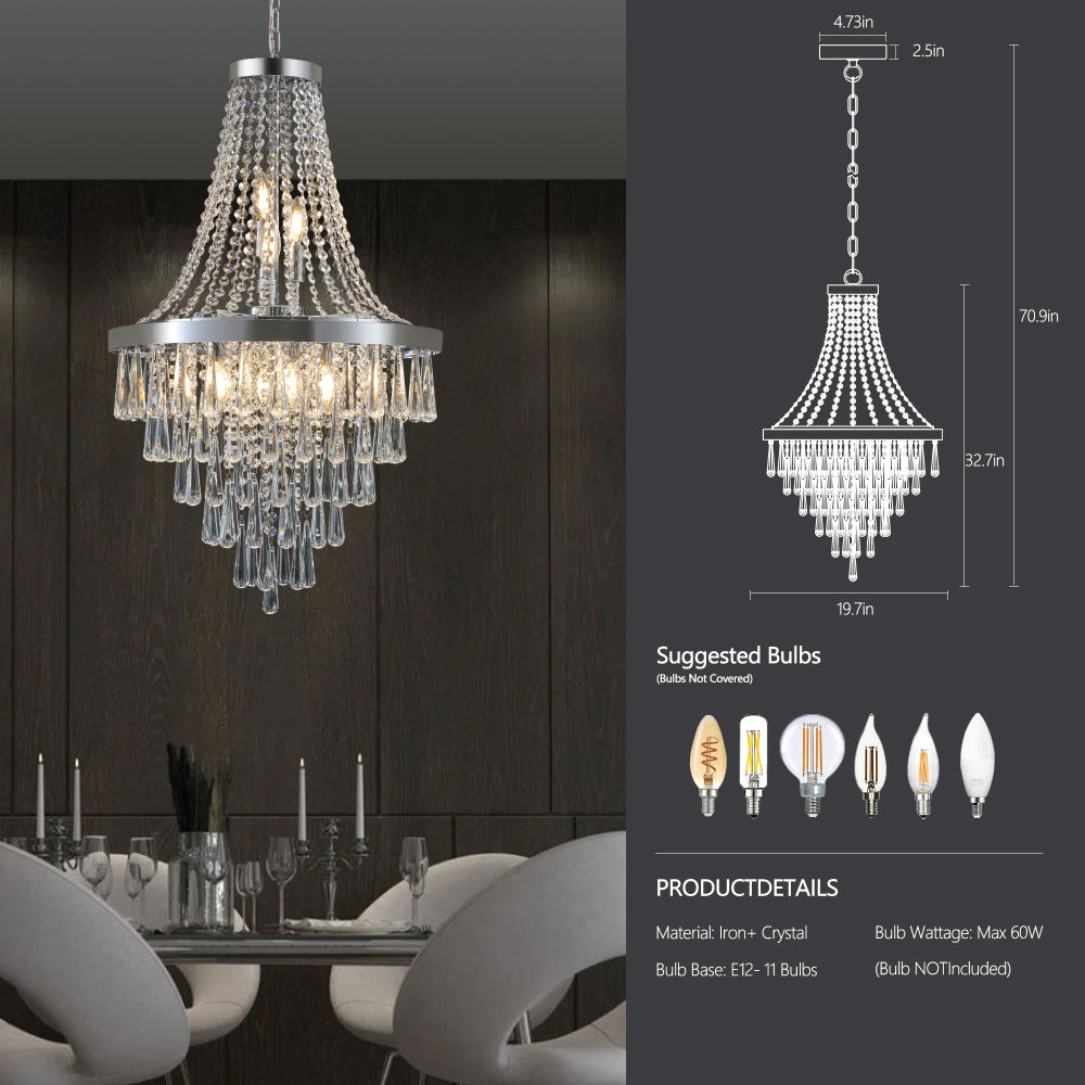 (Same as W1340P143191/L5004-500-C) 20" Chrome Crystal Chandelier with Adjustable Height, Modern Ceiling Light Fixture for Living Room, Dining Room, Staircase, 11-Light E12 Bulb Base (No Bulbs)