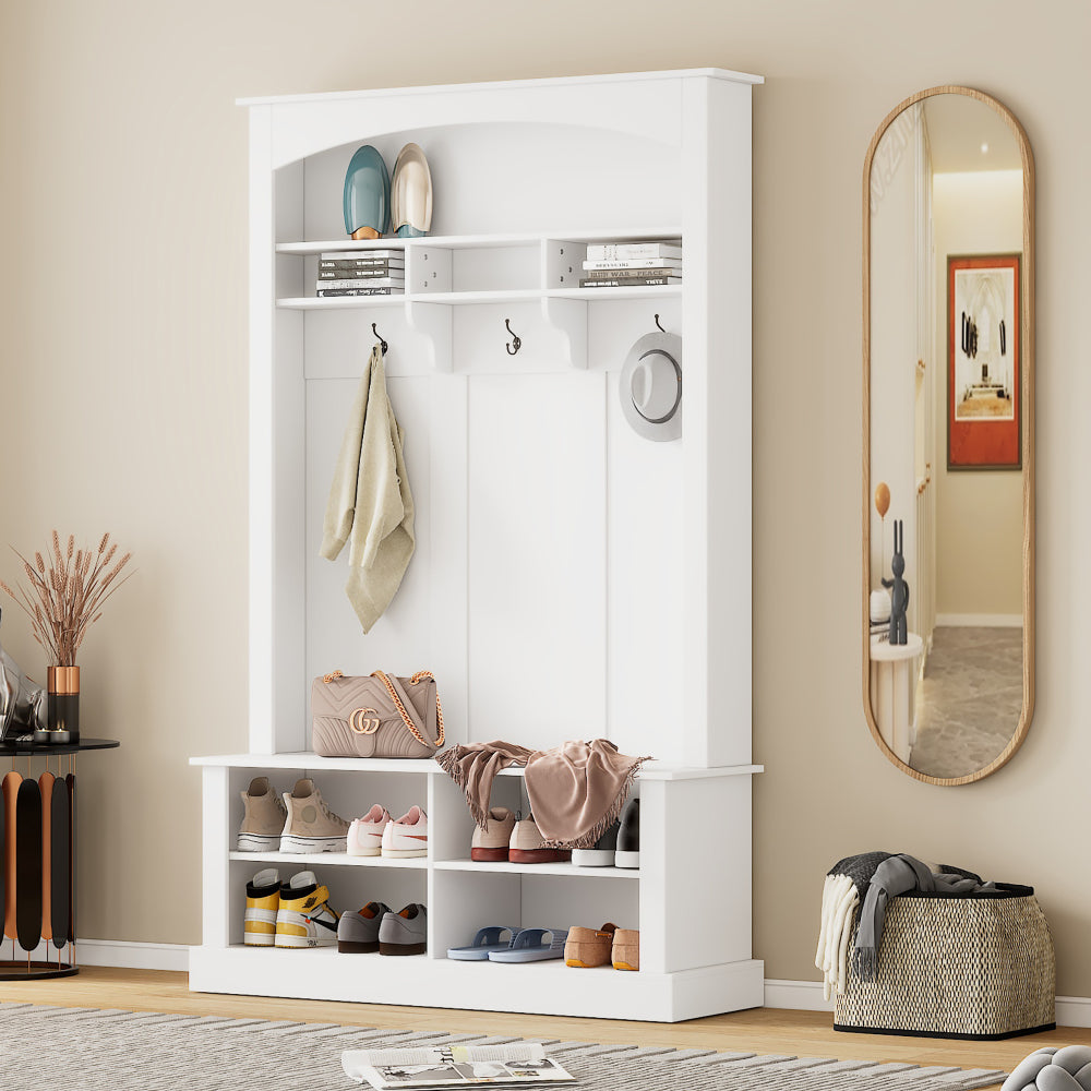 ON-TREND 47.2'' Wide Hall Tree with Bench and Shoe Storage, Multi-functional Storage Bench with 3 Hanging Hooks & Open Storage Space, Rectangle Storage & Shelves Coat Rack for Hallway, Black