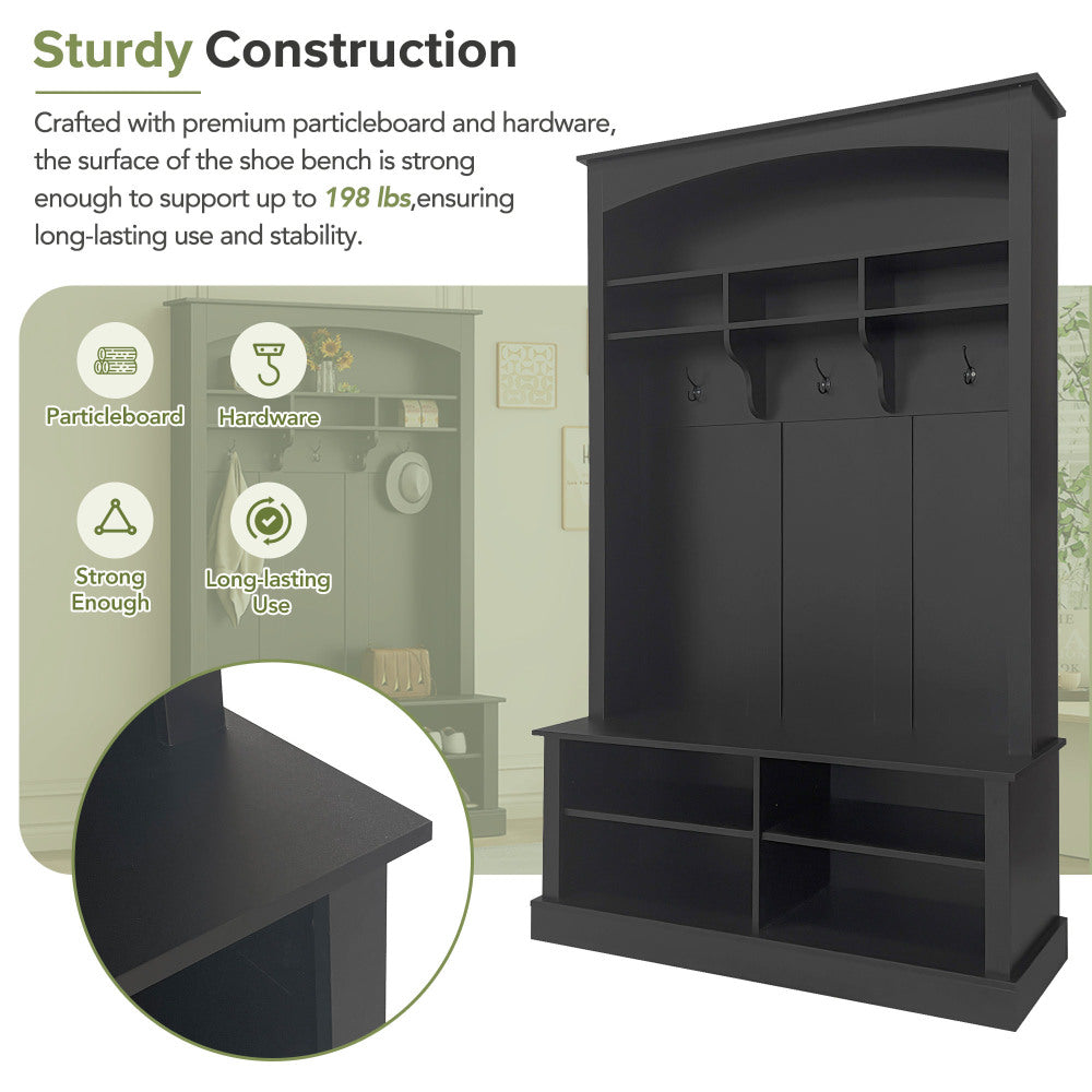 ON-TREND 47.2'' Wide Hall Tree with Bench and Shoe Storage, Multi-functional Storage Bench with 3 Hanging Hooks & Open Storage Space, Rectangle Storage & Shelves Coat Rack for Hallway, Black