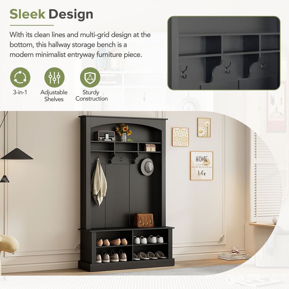 ON-TREND 47.2'' Wide Hall Tree with Bench and Shoe Storage, Multi-functional Storage Bench with 3 Hanging Hooks & Open Storage Space, Rectangle Storage & Shelves Coat Rack for Hallway, Black