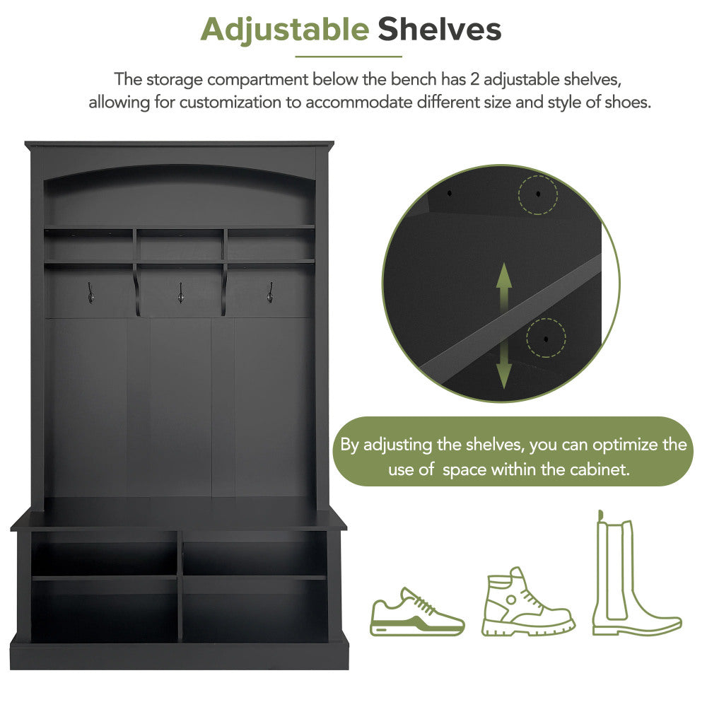 ON-TREND 47.2'' Wide Hall Tree with Bench and Shoe Storage, Multi-functional Storage Bench with 3 Hanging Hooks & Open Storage Space, Rectangle Storage & Shelves Coat Rack for Hallway, Black