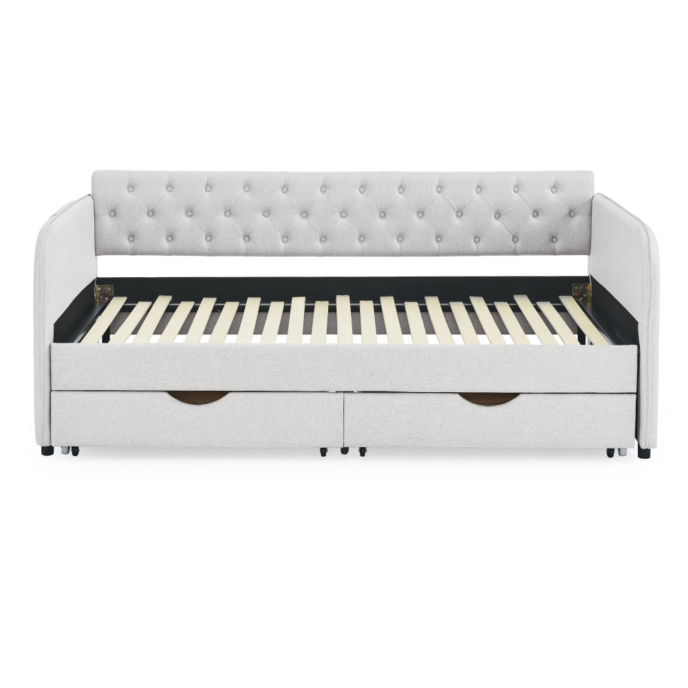 Twin Size Upholstery Daybed with Trundle Bed and Two Storage Drawers , Flat Arms with Pocket, Extendable Daybed for Bedroom Living Room,Linen Beige