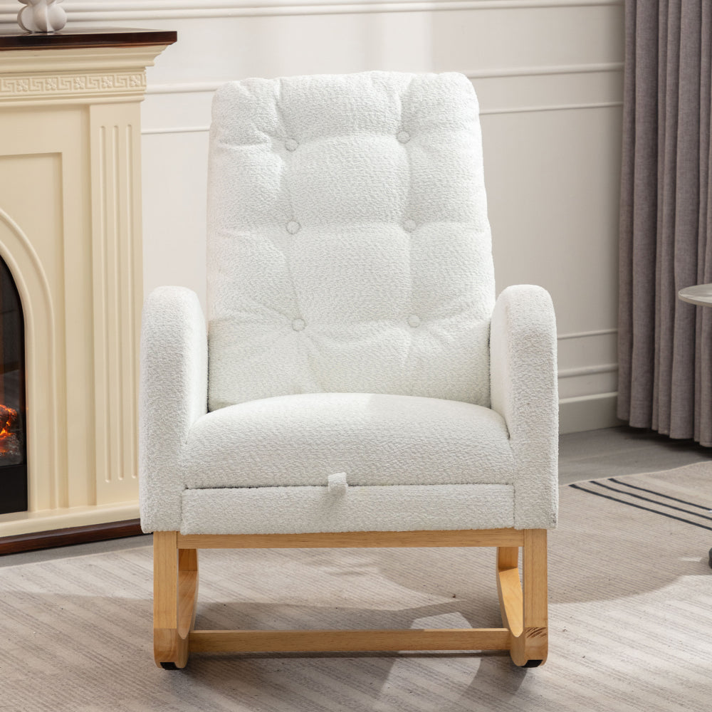 LY-5104 WHITE Accent Rocking Chair with Footrest High Back Rubber Wood Rocking Legs Bedroom Living Space 26.77D X 38.36W X 39.76H Inch