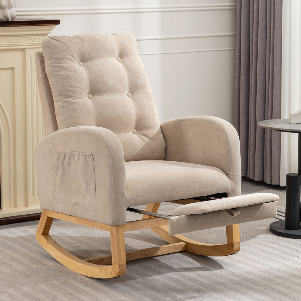 LY-5104 Plush Accent Rocking Chair with Footrest, Cream White High-Back Rocker, Rubber Wood Lounge Chair for Nursery & Living Room, 38.36"W x 26.77"D x 39.76"H