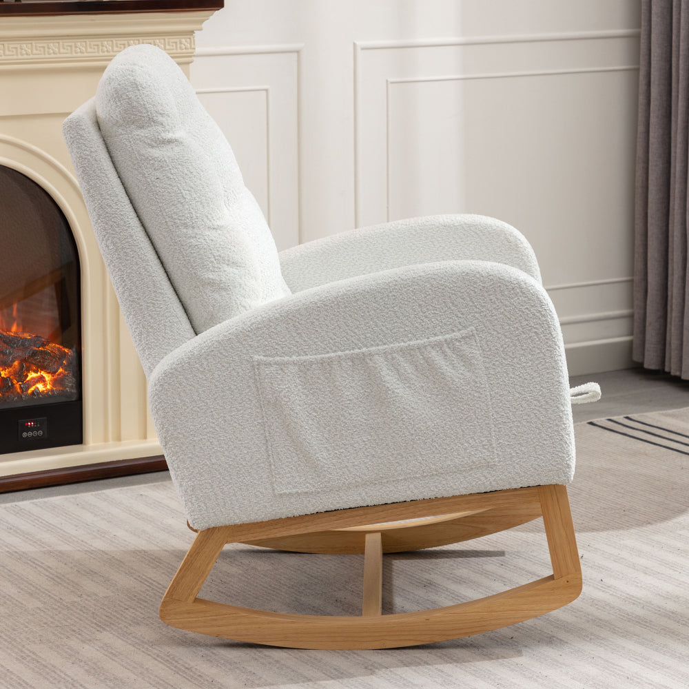LY-5104 WHITE Accent Rocking Chair with Footrest High Back Rubber Wood Rocking Legs Bedroom Living Space 26.77D X 38.36W X 39.76H Inch
