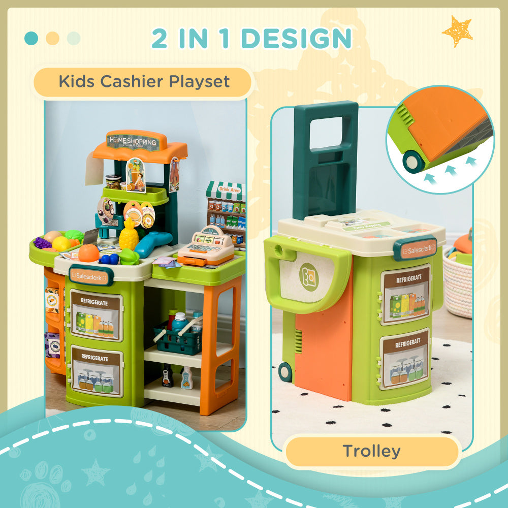 58Pcs Grocery Store Pretend Play Kids Trolley with Cash Register Stand, Foldable Play Store for Kids with Scanner, Play Food Vegetable, Extra Storage for Boys and Girls Ages 3-6 Years Old