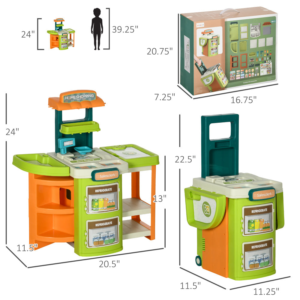 58Pcs Grocery Store Pretend Play Kids Trolley with Cash Register Stand, Foldable Play Store for Kids with Scanner, Play Food Vegetable, Extra Storage for Boys and Girls Ages 3-6 Years Old