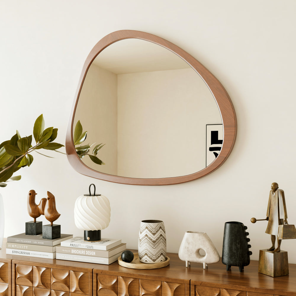 Solid Wood Mirror 45 Inch Asymmetrical Wall Mirror Wooden Framed Mirror Large Sized Dressing Mirror, for Living Room, Bedroom, Bathroom, Hallway or Entry Way, Walnut