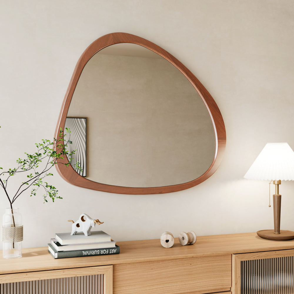 Solid Wood Mirror 45 Inch Asymmetrical Wall Mirror Wooden Framed Mirror Large Sized Dressing Mirror, for Living Room, Bedroom, Bathroom, Hallway or Entry Way, Walnut