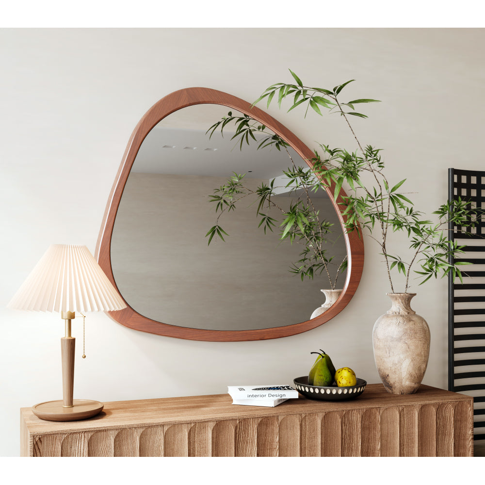 Solid Wood Mirror 45 Inch Asymmetrical Wall Mirror Wooden Framed Mirror Large Sized Dressing Mirror, for Living Room, Bedroom, Bathroom, Hallway or Entry Way, Walnut