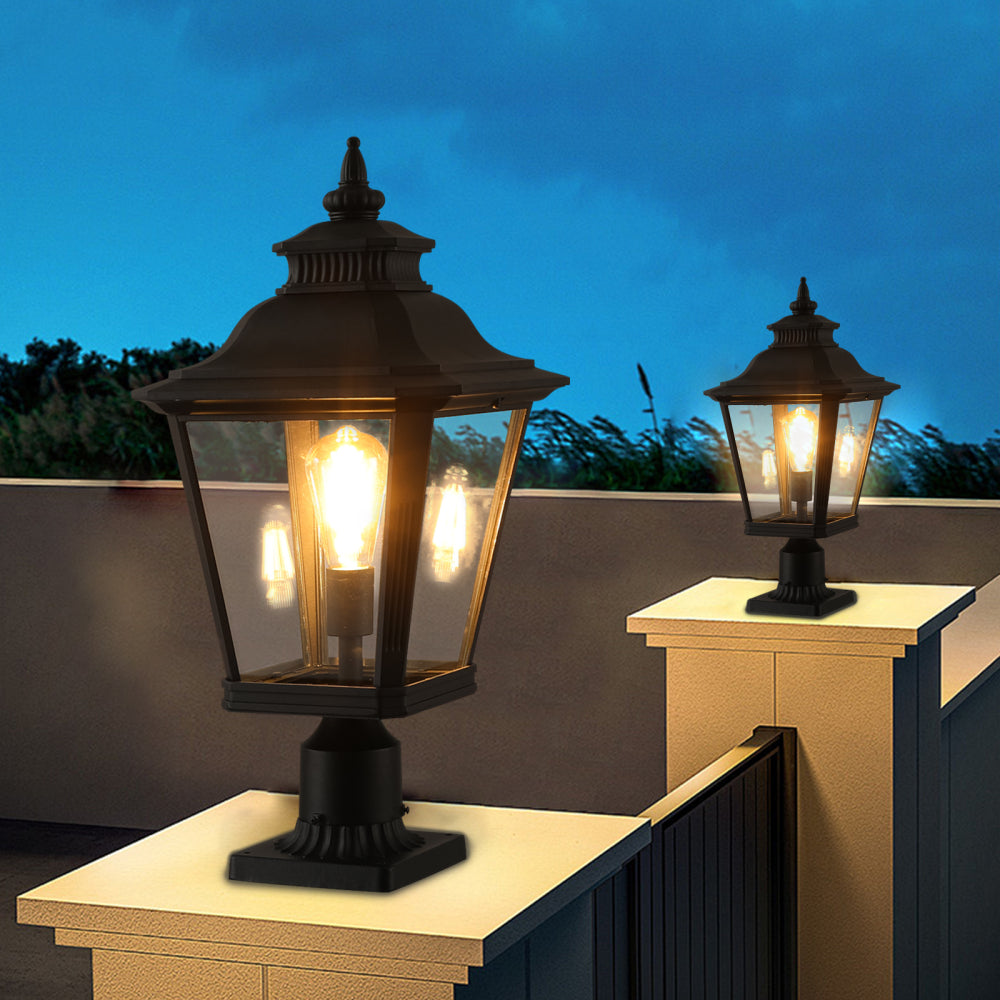21"(H) 1-Pack Outdoor Post Lantern Light – Vintage Black Metal & Clear Glass Pillar Lamp for Garden, Gate, Driveway, and Pathway Lighting with Elegant Design (Bulb Not Included)