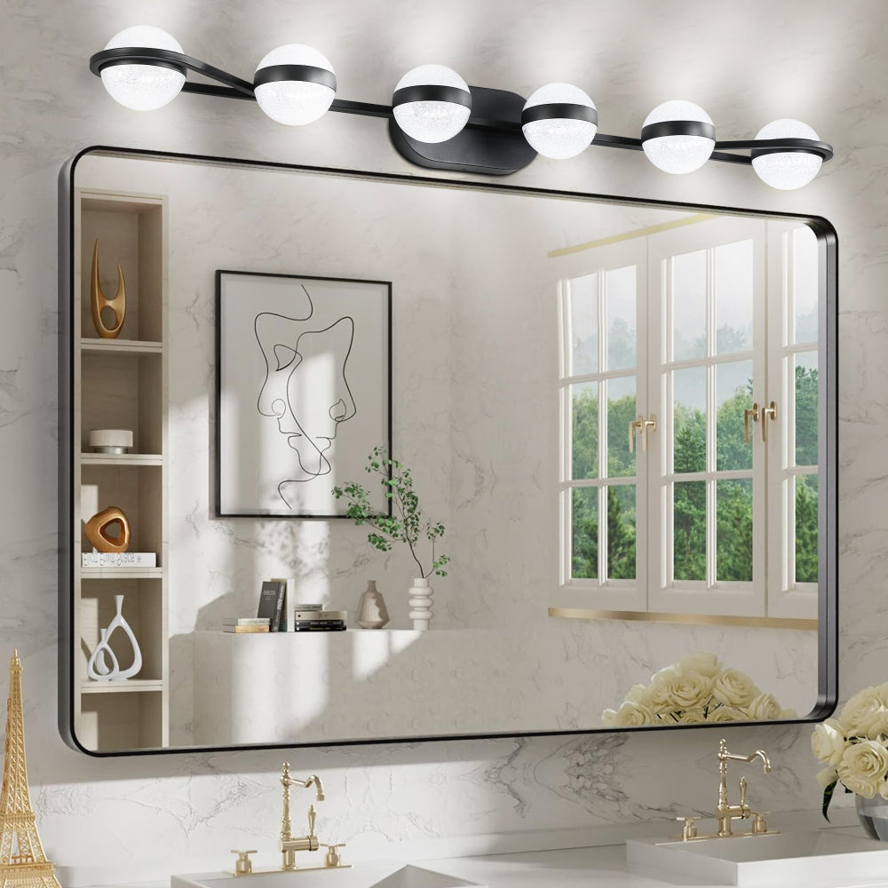 (Same as W1340P143677/L2001-B-4) 30" Black Minimalist LED Bathroom Vanity Light with Crystal Sand Acrylic Shades, 4-Light Wall Mounted Decorative Lighting Fixture, Suitable for Bathroom Vanity Mirror