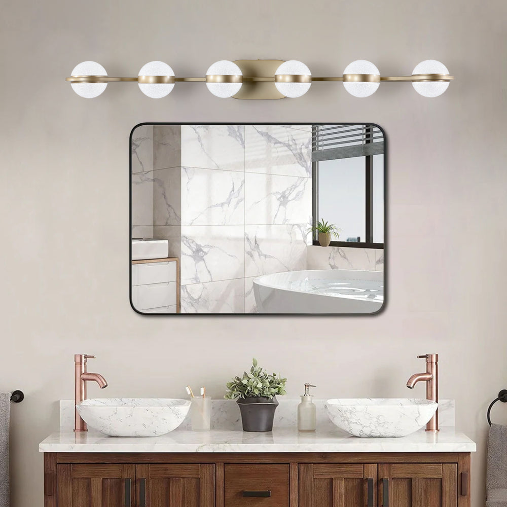 (Same as W1340P143676/L2001-G-6) 43" Gold Minimalist LED Bathroom Vanity Light with Crystal Sand Acrylic Shades, 6-Light Wall Mounted Decorative Lighting Fixture, Suitable for Bathroom Vanity Mirror