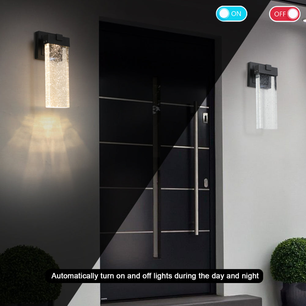 2-Pack Outdoor Wall Light Fixture, Weatherproof LED Wall Sconce with Bubble Crystal and Light Sensor - 12W Per Lamp