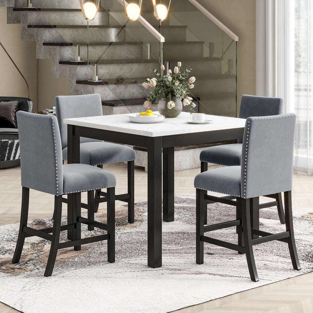 5-piece Counter Height Dining Table Set with One Faux Marble Top Dining Table and Four Velvet-Upholstered Chairs,Brown