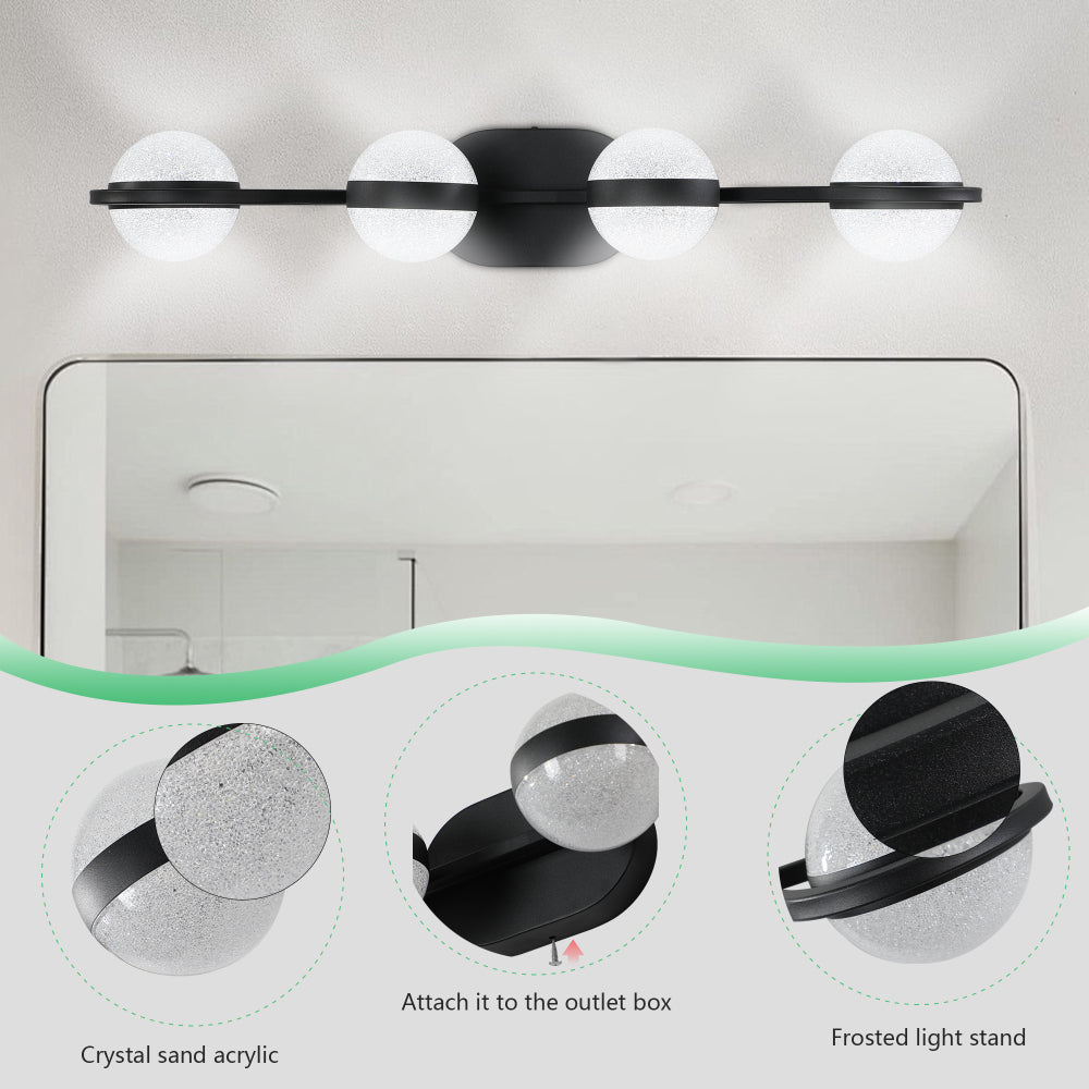 (Same as W1340P143677/L2001-B-4) 30" Black Minimalist LED Bathroom Vanity Light with Crystal Sand Acrylic Shades, 4-Light Wall Mounted Decorative Lighting Fixture, Suitable for Bathroom Vanity Mirror