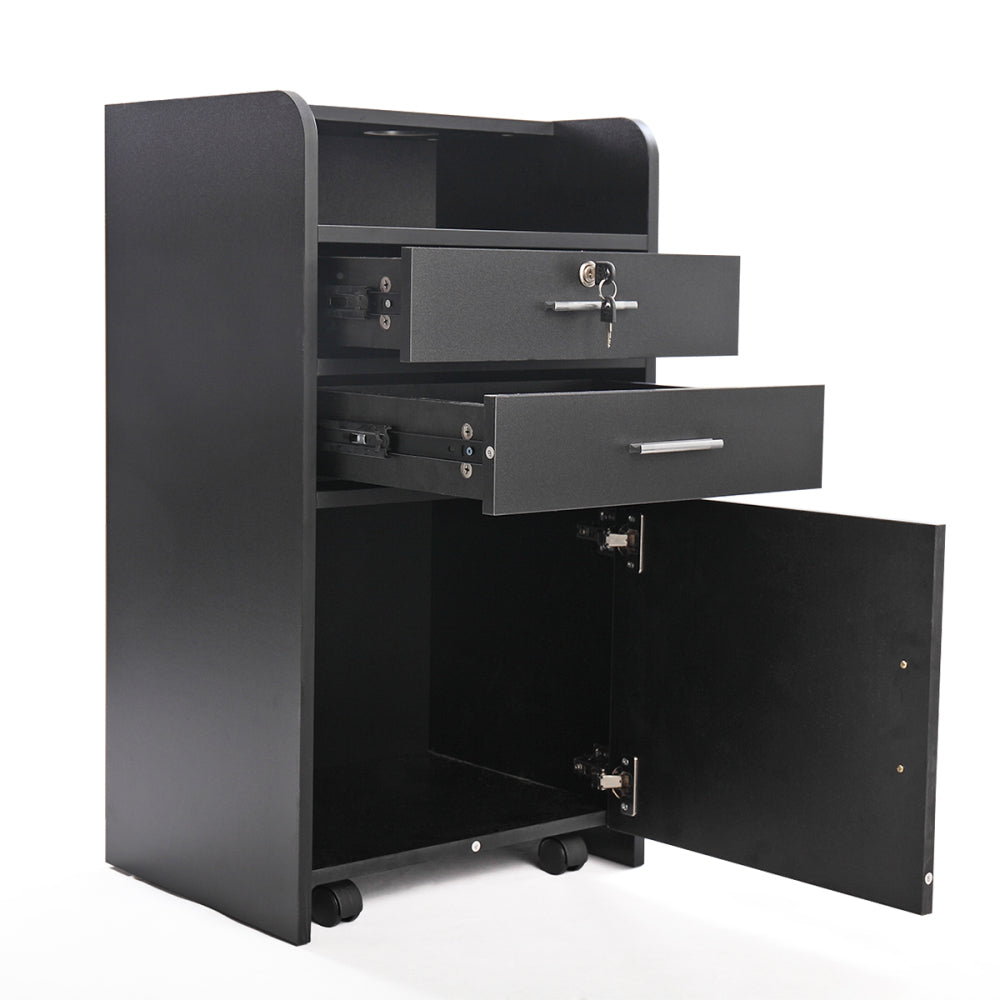 Salon Styling Station with 2 Drawers, 2 Hair Dryer Holders and 1 Cabinet, Black