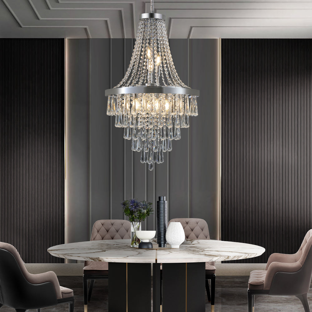 (Same as W1340P143191/L5004-500-C) 20" Chrome Crystal Chandelier with Adjustable Height, Modern Ceiling Light Fixture for Living Room, Dining Room, Staircase, 11-Light E12 Bulb Base (No Bulbs)