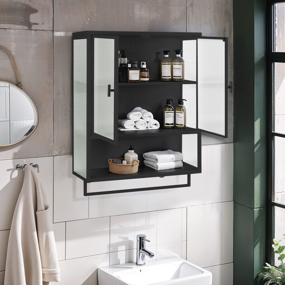 27.56"Glass Doors Modern Two-door Wall Cabinet with Featuring Three-tier Storage for Entryway Living Room Bathroom Dining Room,White